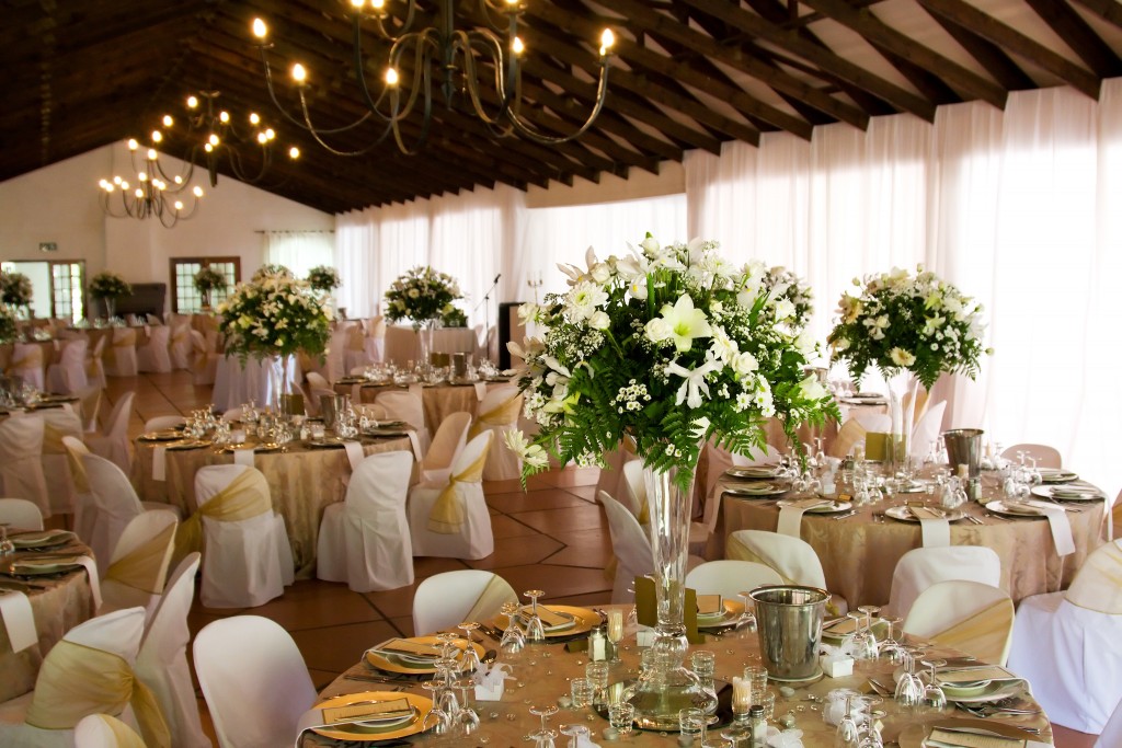 Wedding venue with bouquet as centerpieces