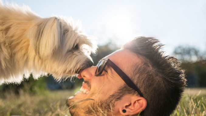 Man playing with his pet dog outdoors