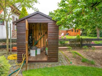 garden shed with tools and materials stored