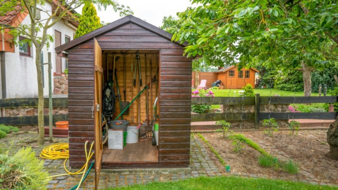 garden shed with tools and materials stored